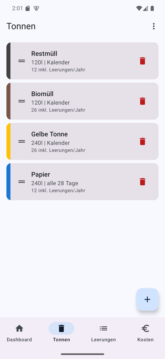 Tonnenliste – Alle Abfalltonnen im Überblick