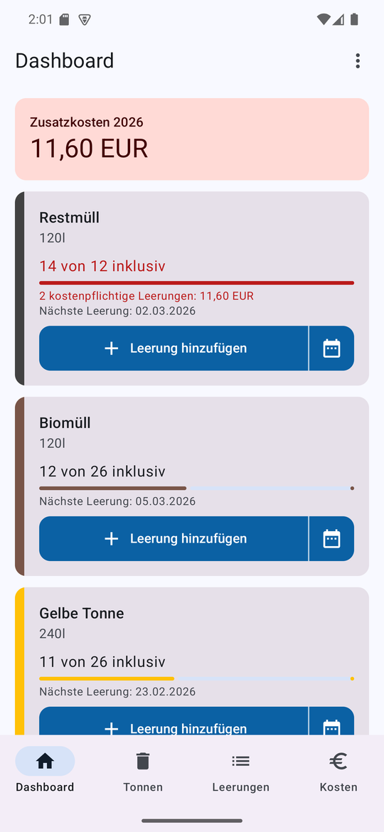 Dashboard – Übersicht aller Tonnen und Kosten